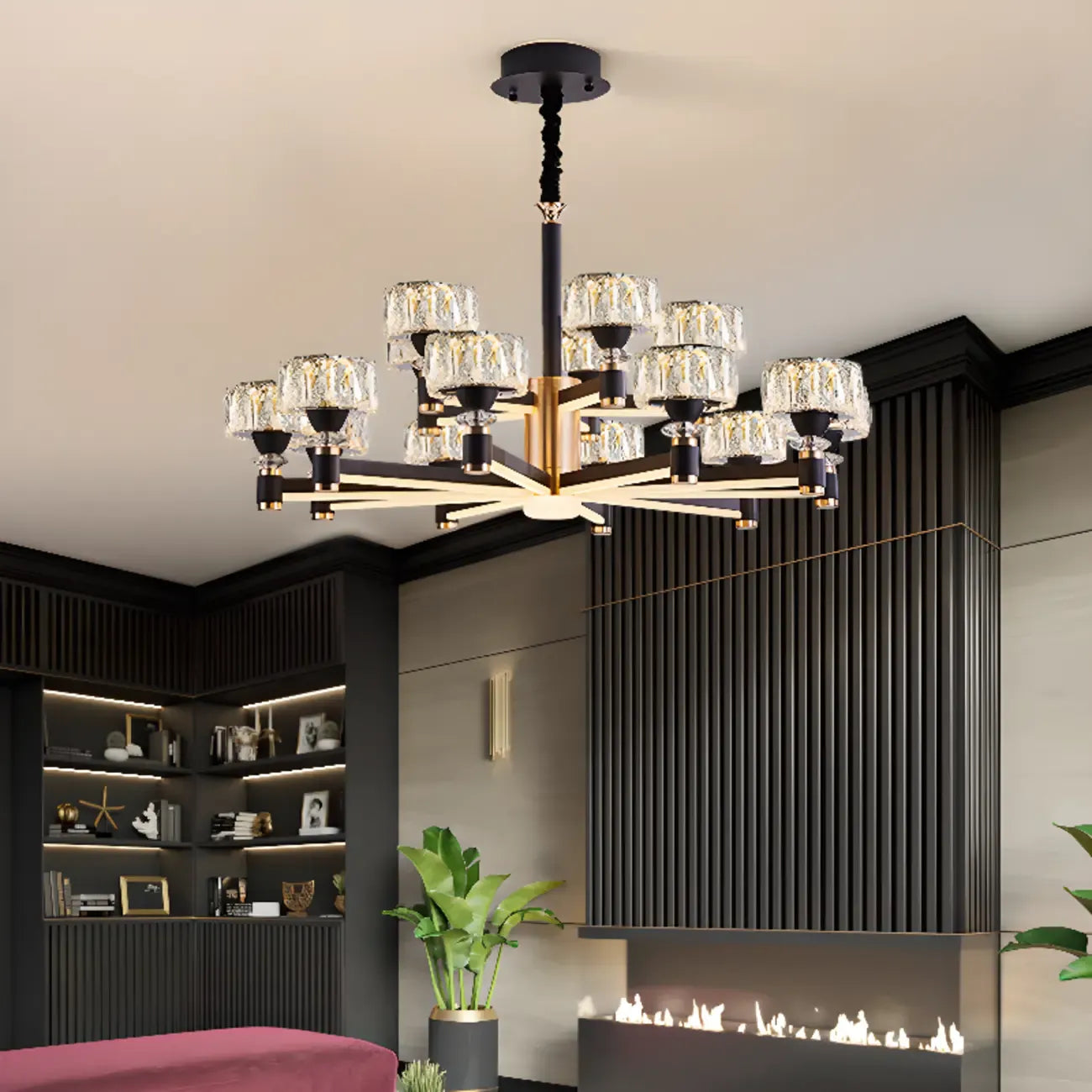 Lustre rond glamour à plusieurs niveaux en cristal avec LED à intensité variable