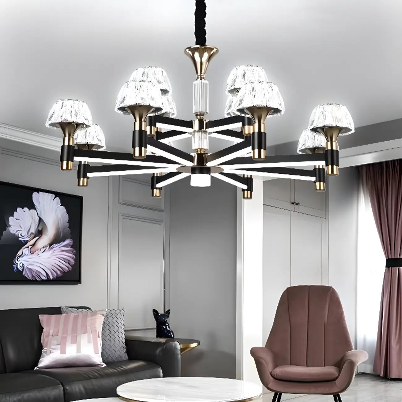 Lustre rond glamour à plusieurs niveaux en cristal avec LED à intensité variable