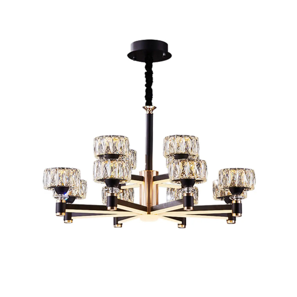 Lustre rond glamour à plusieurs niveaux en cristal avec LED à intensité variable