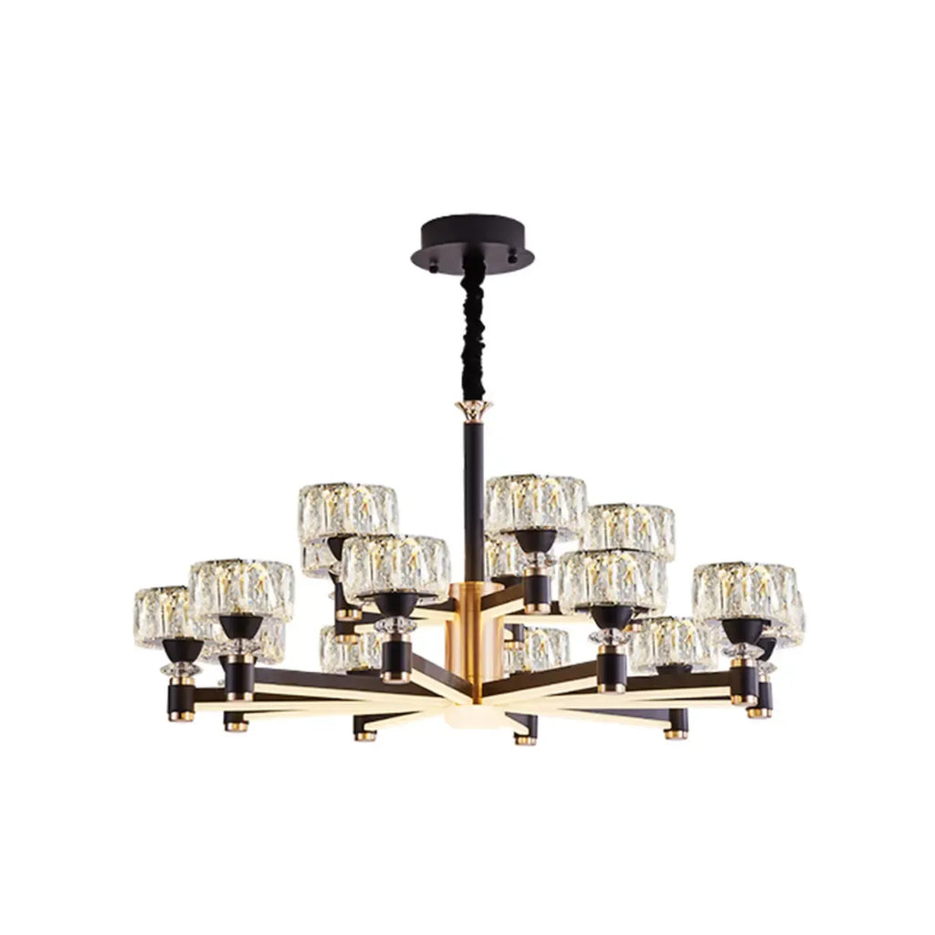 Lustre rond glamour à plusieurs niveaux en cristal avec LED à intensité variable