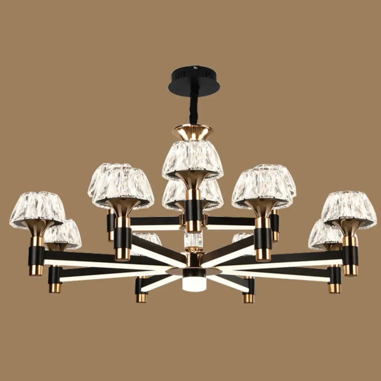 Lustre rond glamour à plusieurs niveaux en cristal avec LED à intensité variable