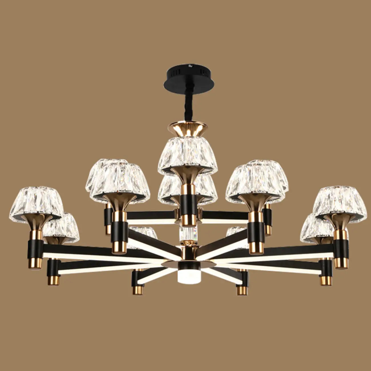 Lustre rond glamour à plusieurs niveaux en cristal avec LED à intensité variable