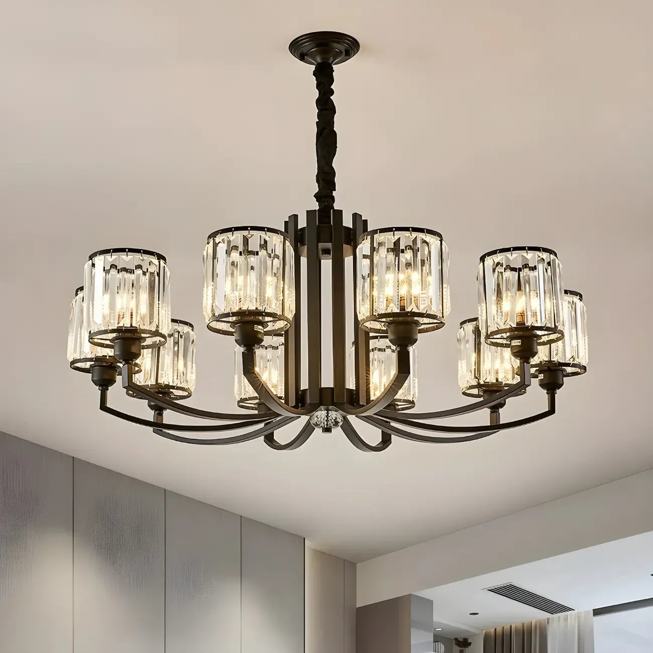 Lustre moderne en forme de cylindre de roue en métal noir et cristal pour salon ou hall d'entrée