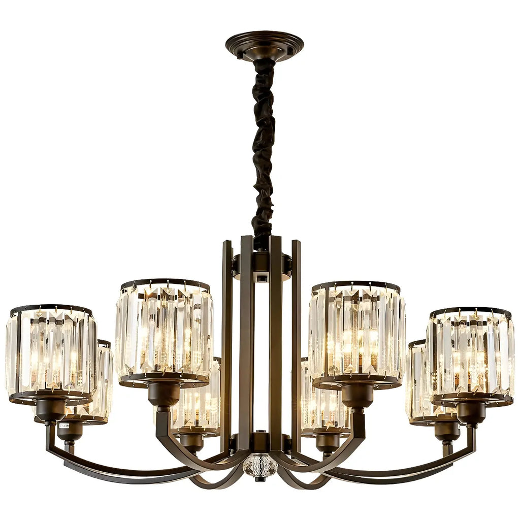 Lustre moderne en forme de cylindre de roue en métal noir et cristal pour salon ou hall d'entrée