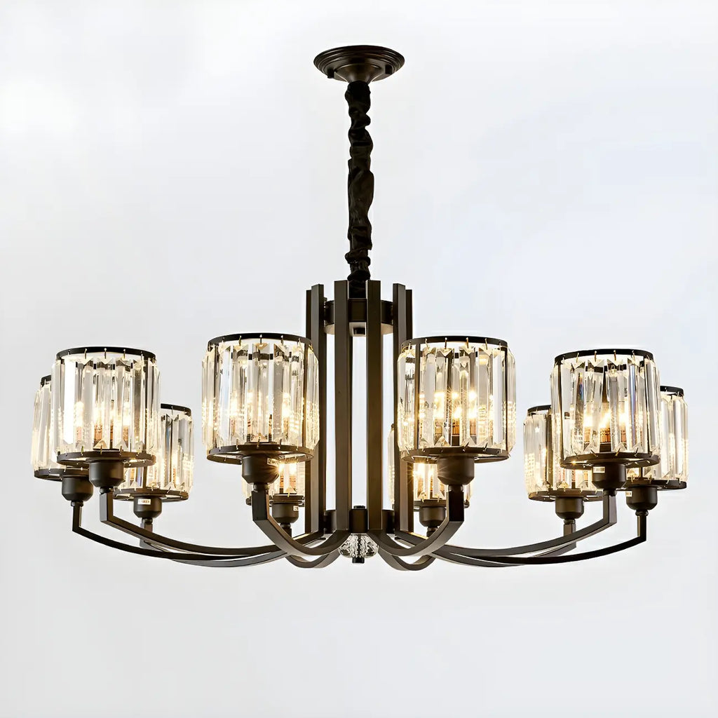 Lustre moderne en forme de cylindre de roue en métal noir et cristal pour salon ou hall d'entrée