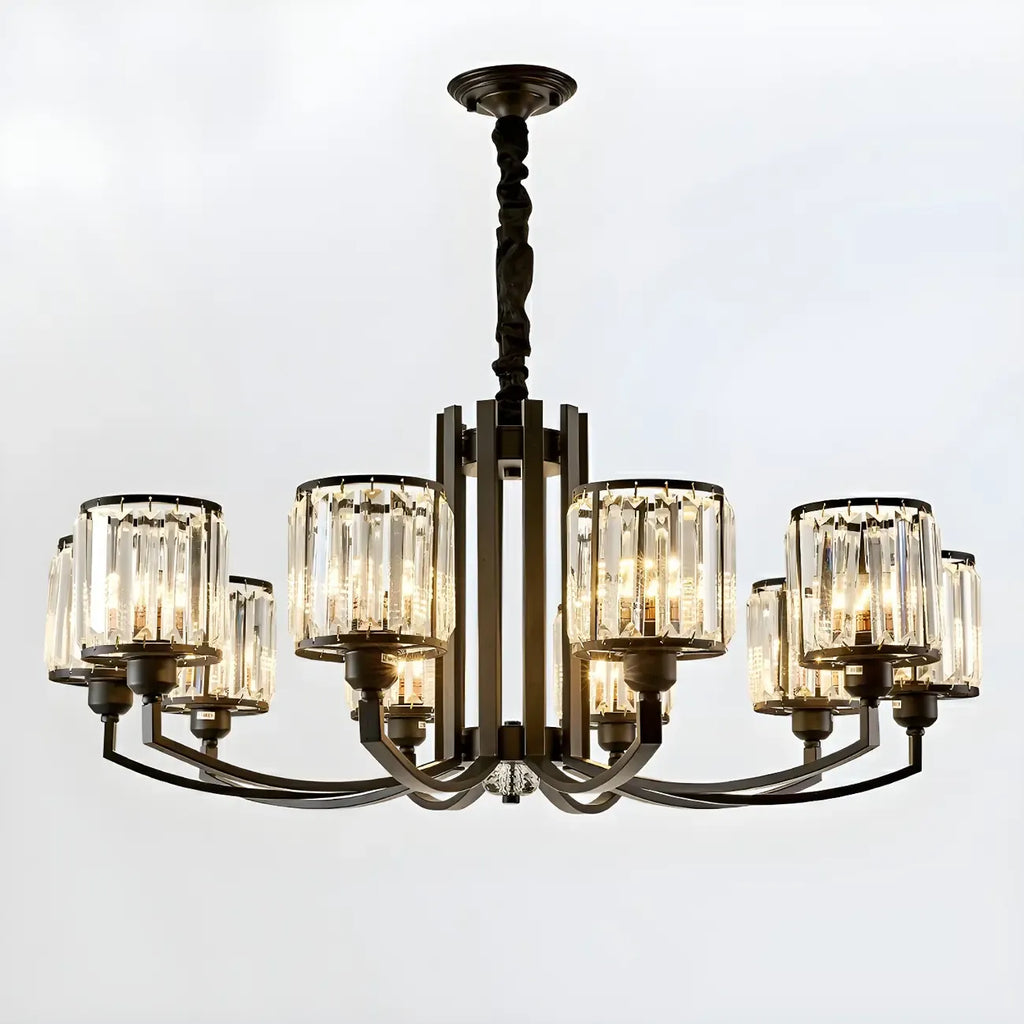 Lustre moderne en forme de cylindre de roue en métal noir et cristal pour salon ou hall d'entrée