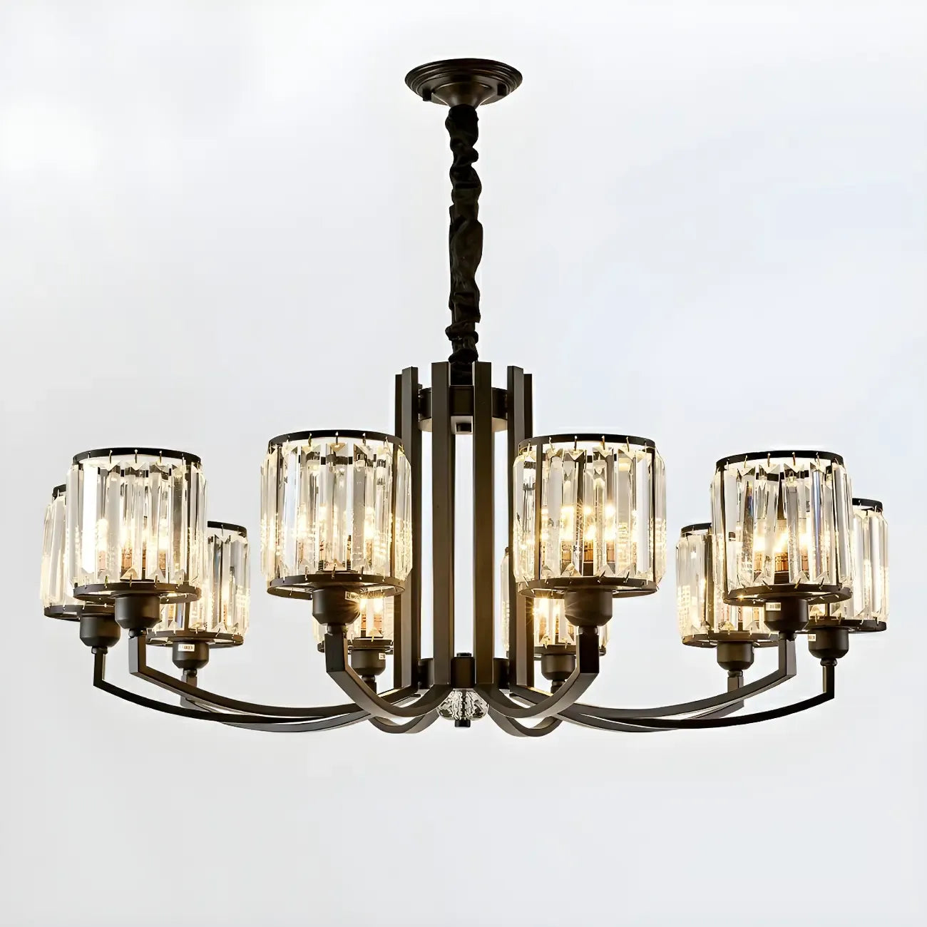 Lustre moderne en forme de cylindre de roue en métal noir et cristal pour salon ou hall d'entrée