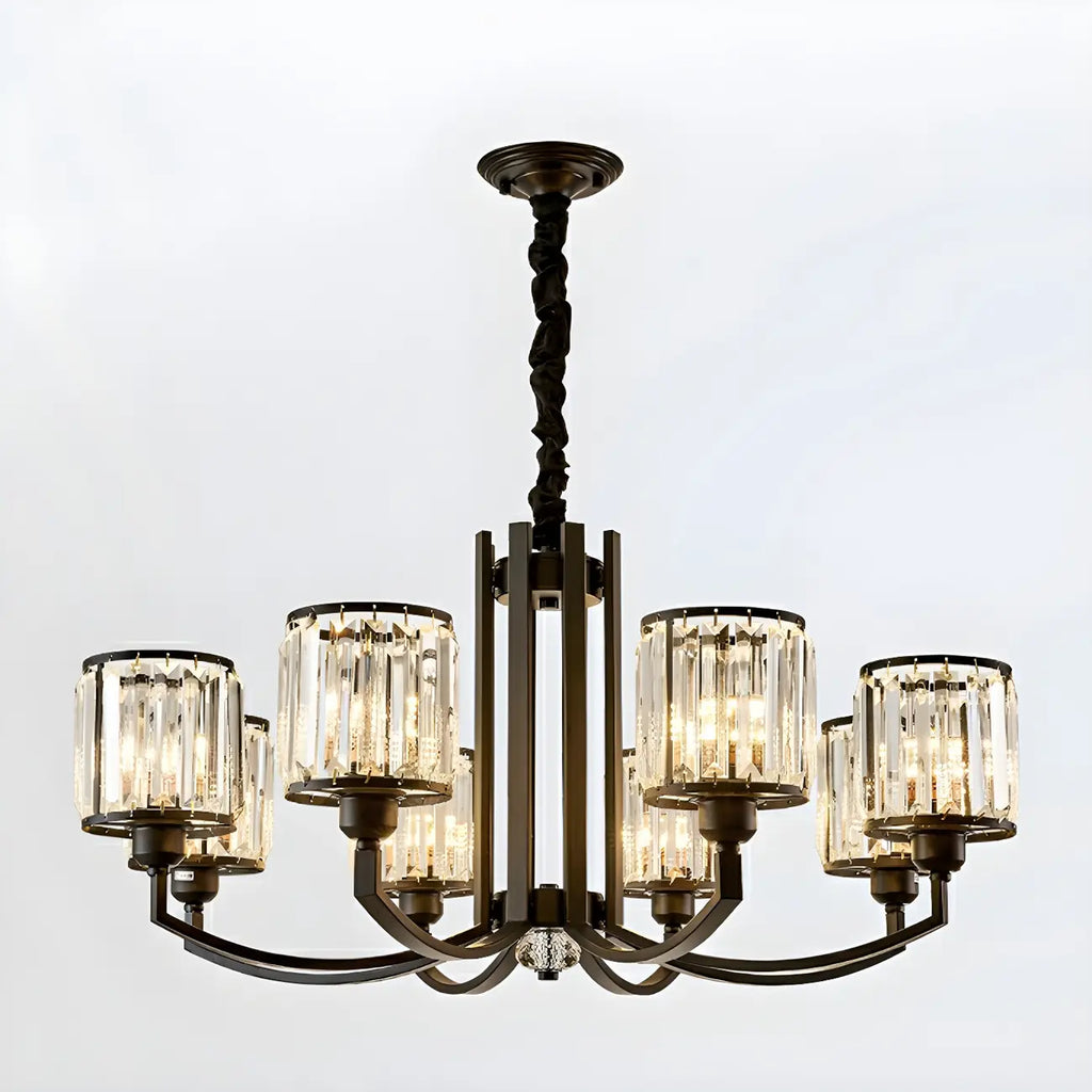 Lustre moderne en forme de cylindre de roue en métal noir et cristal pour salon ou hall d'entrée