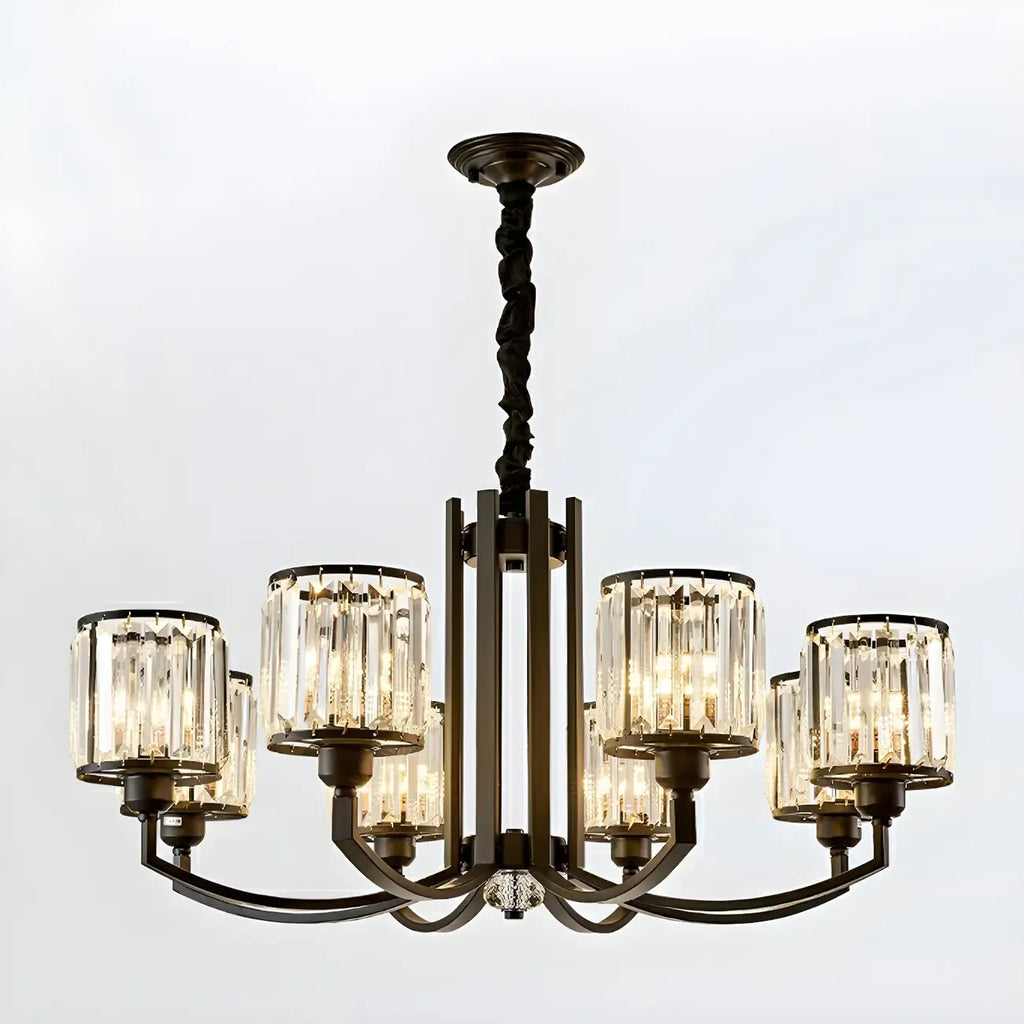 Lustre moderne en forme de cylindre de roue en métal noir et cristal pour salon ou hall d'entrée