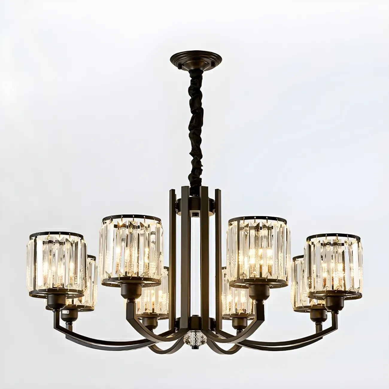 Lustre moderne en forme de cylindre de roue en métal noir et cristal pour salon ou hall d'entrée