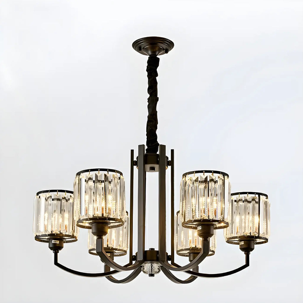 Lustre moderne en forme de cylindre de roue en métal noir et cristal pour salon ou hall d'entrée