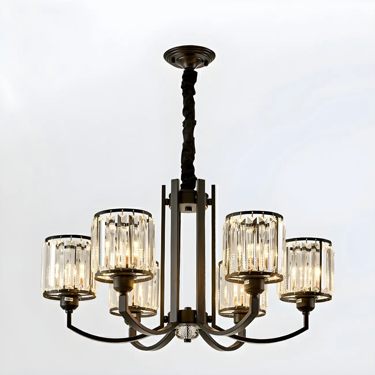 Lustre moderne en forme de cylindre de roue en métal noir et cristal pour salon ou hall d'entrée