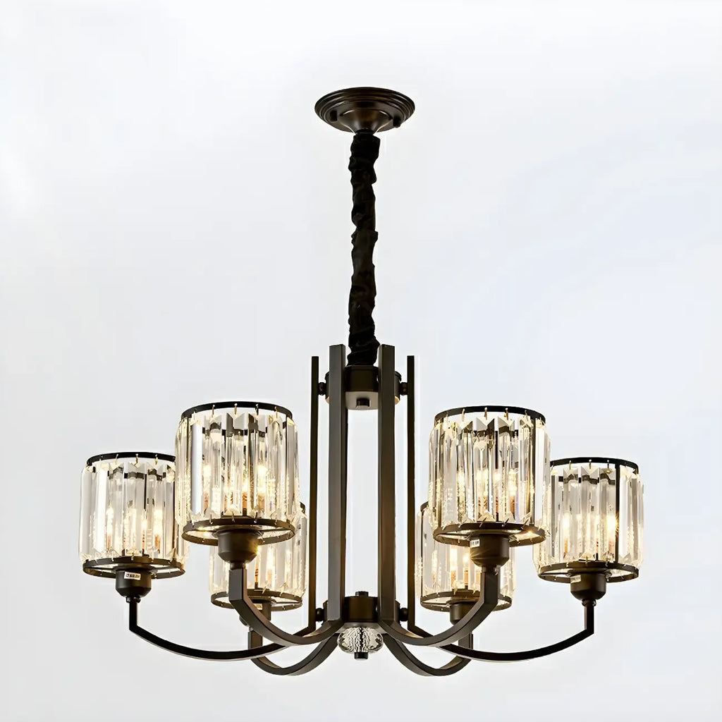 Lustre moderne en forme de cylindre de roue en métal noir et cristal pour salon ou hall d'entrée