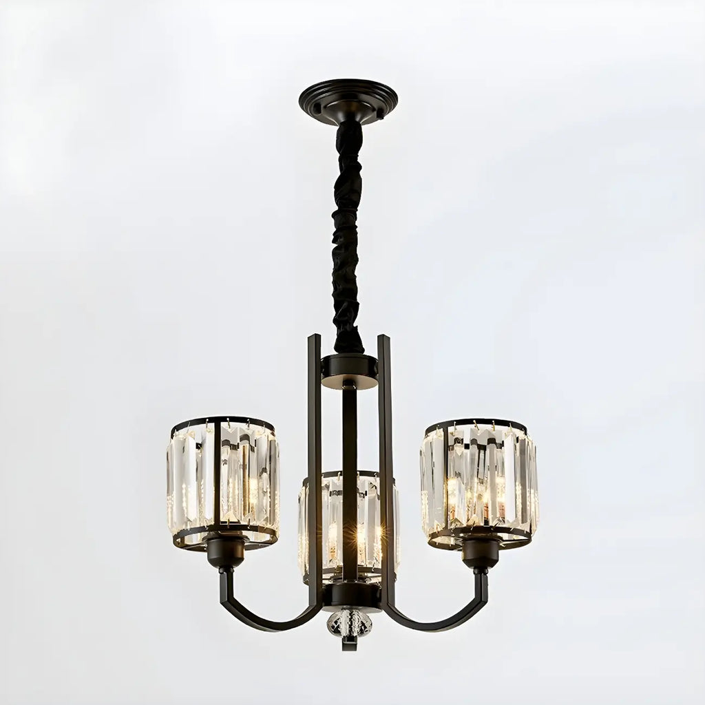 Lustre moderne en forme de cylindre de roue en métal noir et cristal pour salon ou hall d'entrée