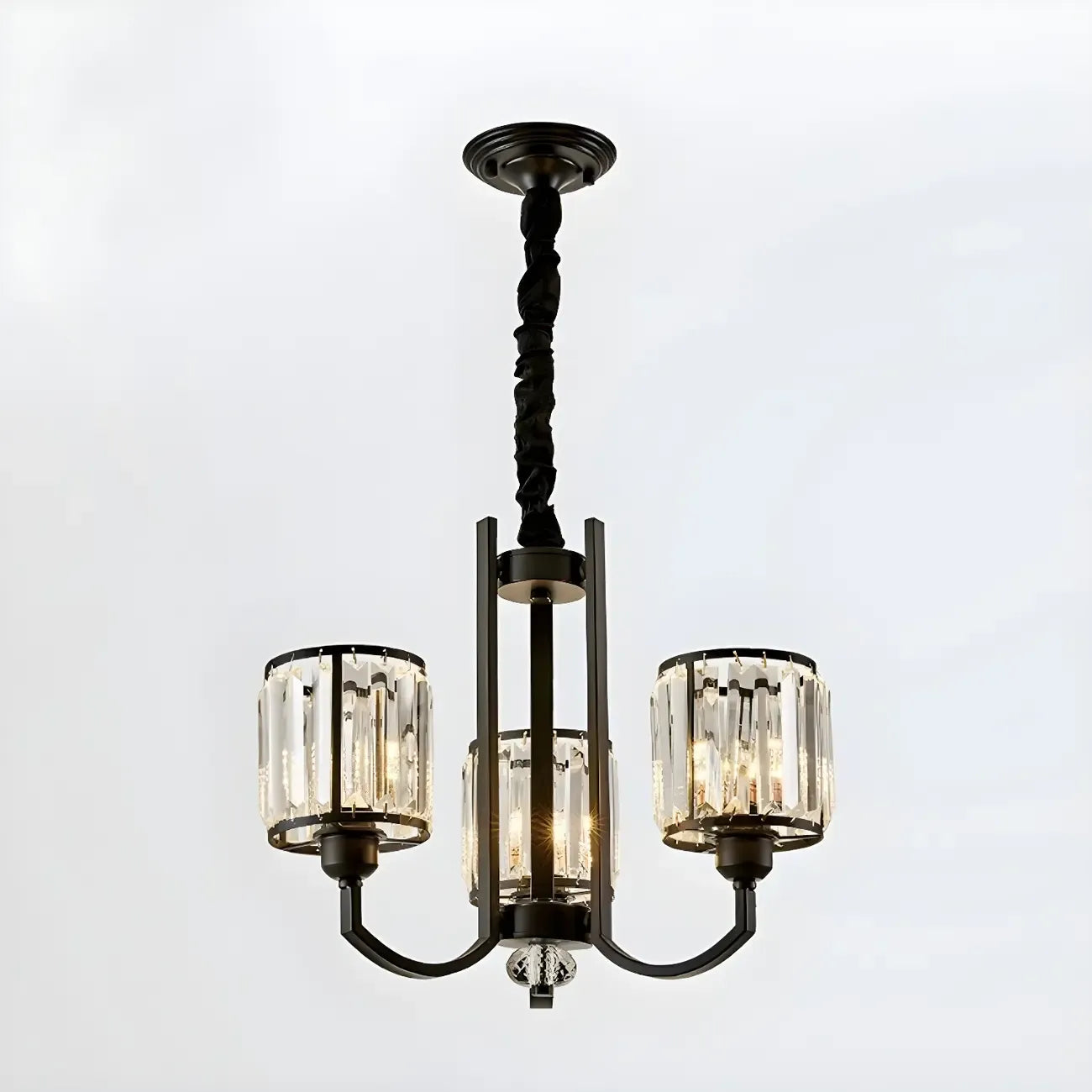 Lustre moderne en forme de cylindre de roue en métal noir et cristal pour salon ou hall d'entrée