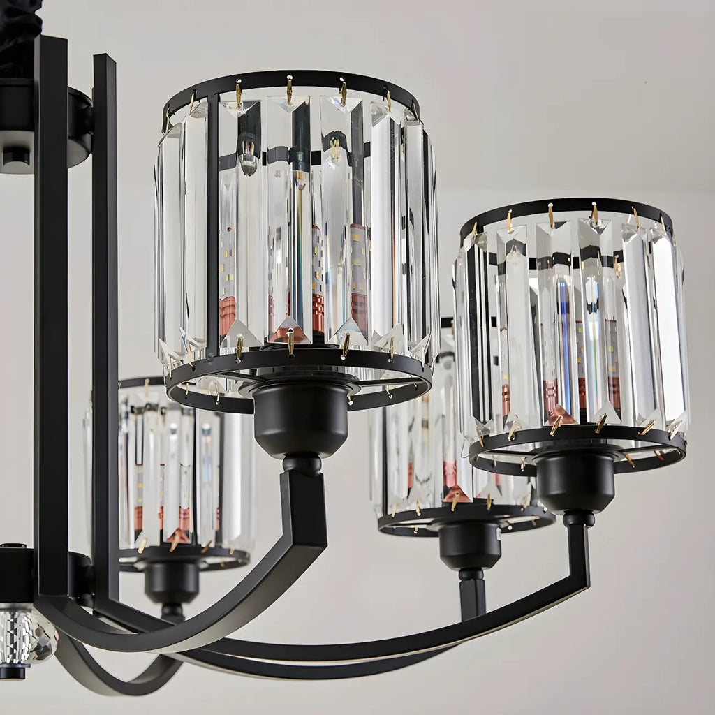 Lustre moderne en forme de cylindre de roue en métal noir et cristal pour salon ou hall d'entrée