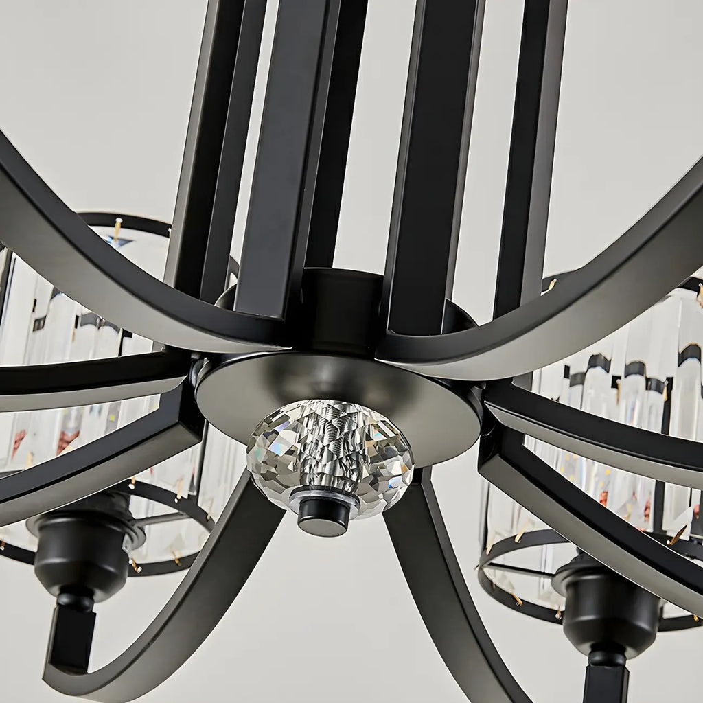 Lustre moderne en forme de cylindre de roue en métal noir et cristal pour salon ou hall d'entrée