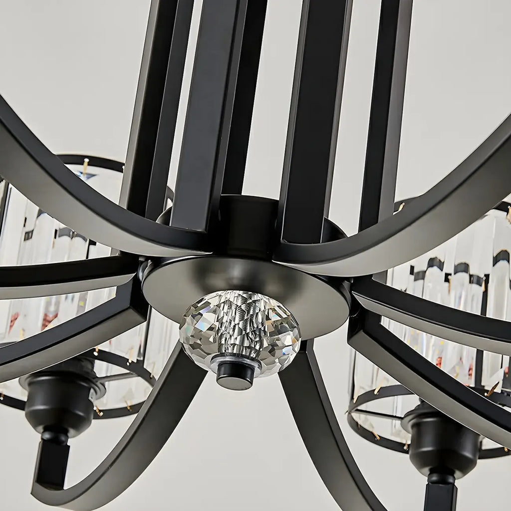 Lustre moderne en forme de cylindre de roue en métal noir et cristal pour salon ou hall d'entrée