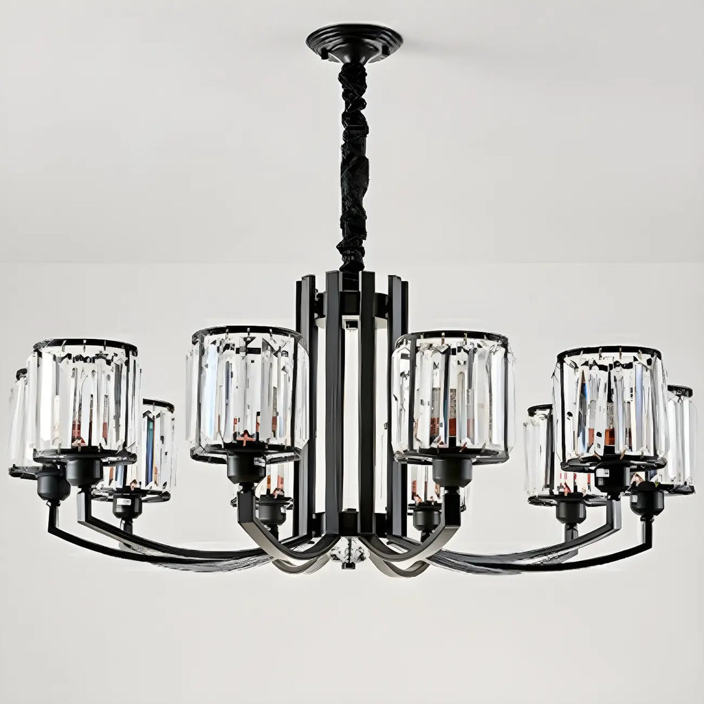 Lustre moderne en forme de cylindre de roue en métal noir et cristal pour salon ou hall d'entrée