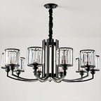 Lustre moderne en forme de cylindre de roue en métal noir et cristal pour salon ou hall d'entrée