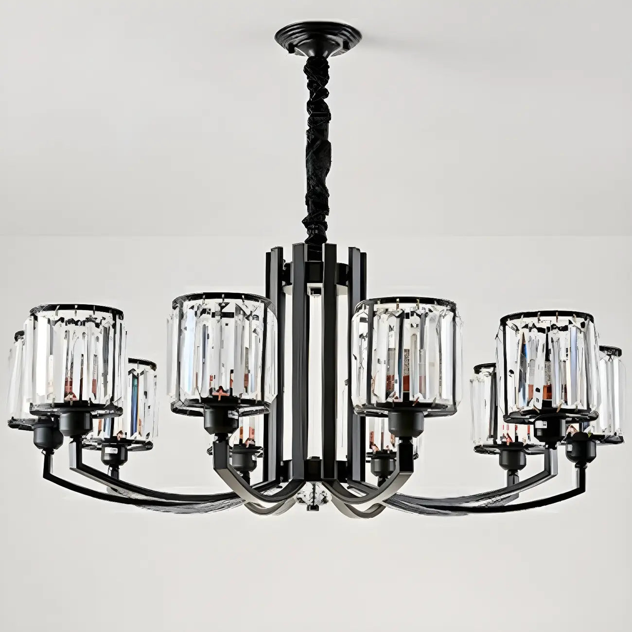 Lustre moderne en forme de cylindre de roue en métal noir et cristal pour salon ou hall d'entrée