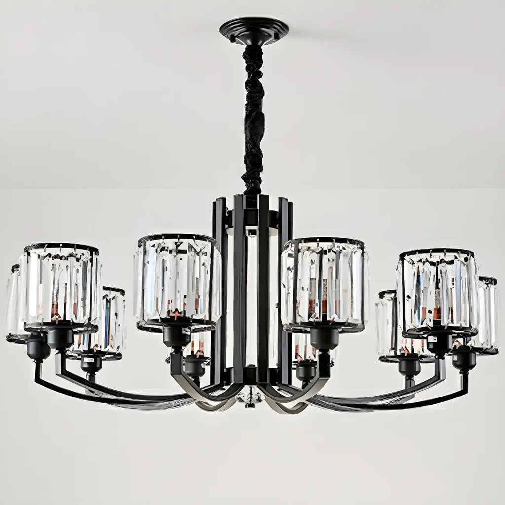 Lustre moderne en forme de cylindre de roue en métal noir et cristal pour salon ou hall d'entrée