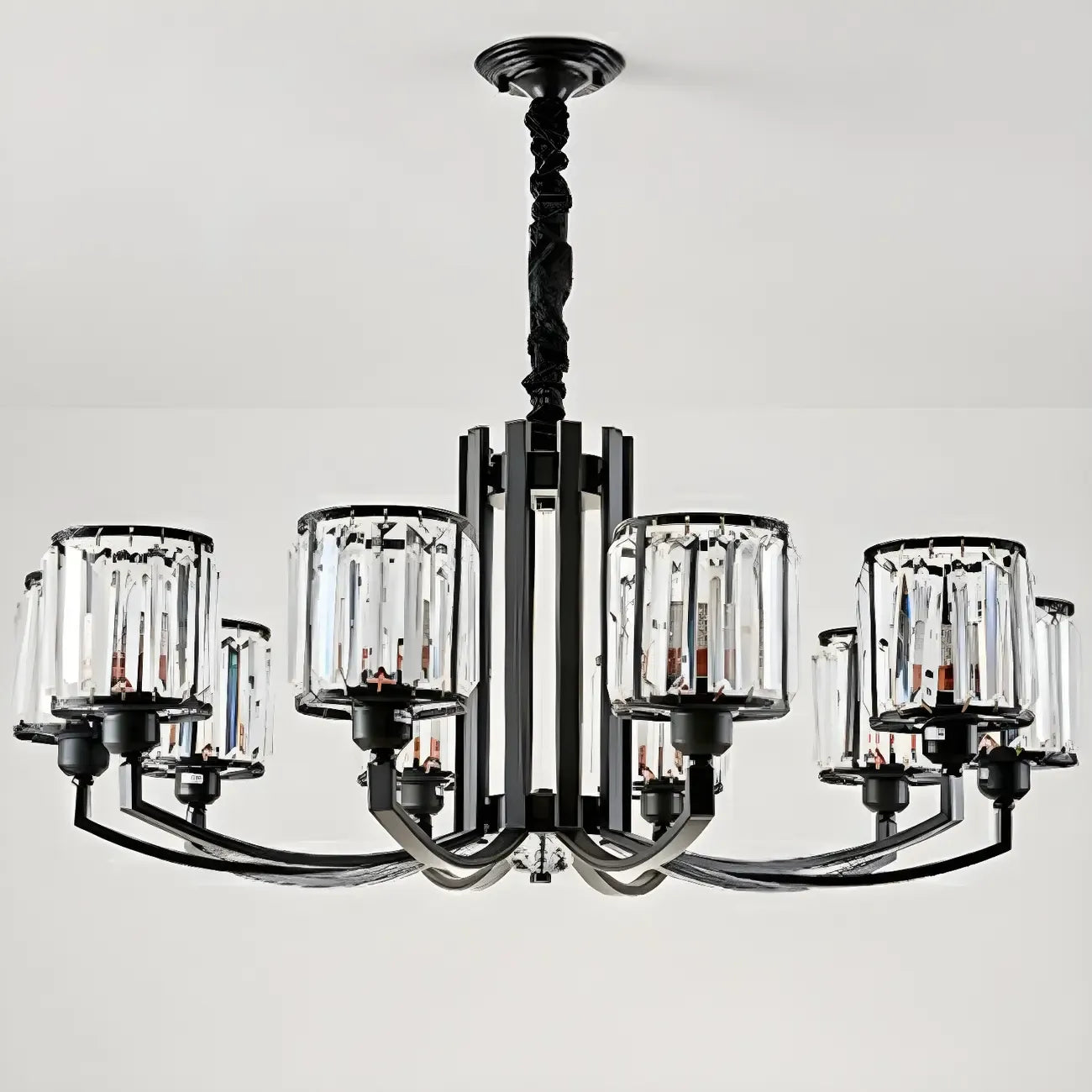 Lustre moderne en forme de cylindre de roue en métal noir et cristal pour salon ou hall d'entrée