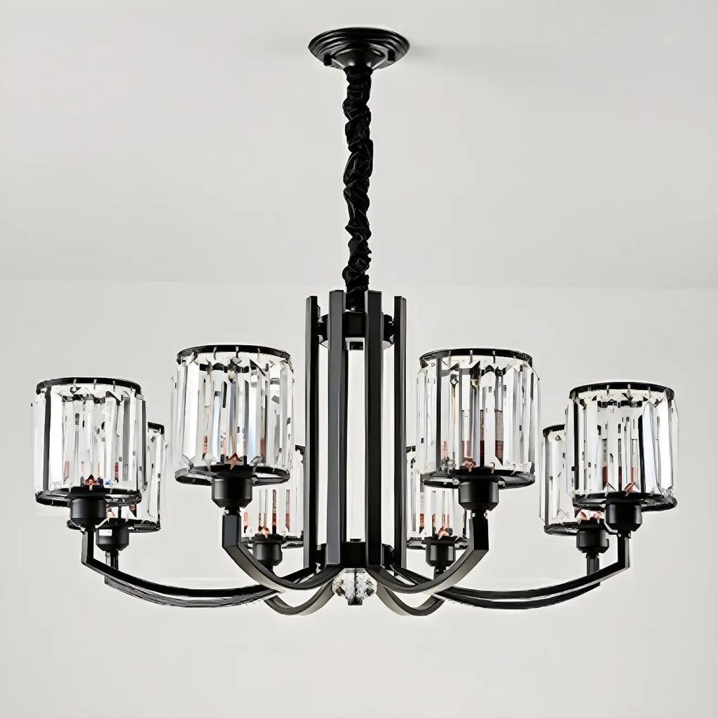 Lustre moderne en forme de cylindre de roue en métal noir et cristal pour salon ou hall d'entrée