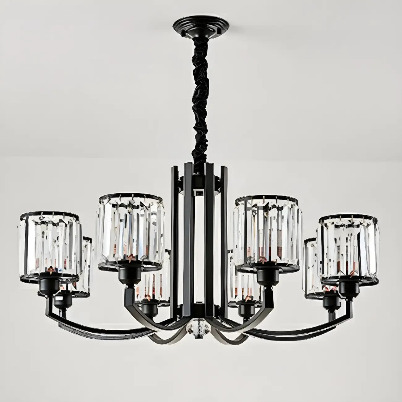 Lustre moderne en forme de cylindre de roue en métal noir et cristal pour salon ou hall d'entrée