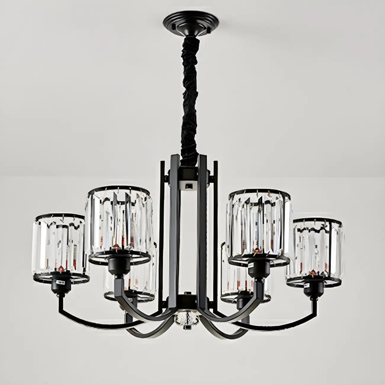 Lustre moderne en forme de cylindre de roue en métal noir et cristal pour salon ou hall d'entrée