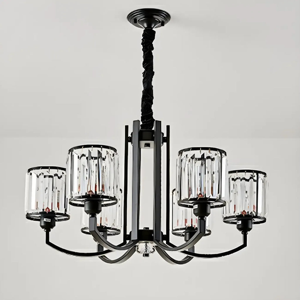 Lustre moderne en forme de cylindre de roue en métal noir et cristal pour salon ou hall d'entrée