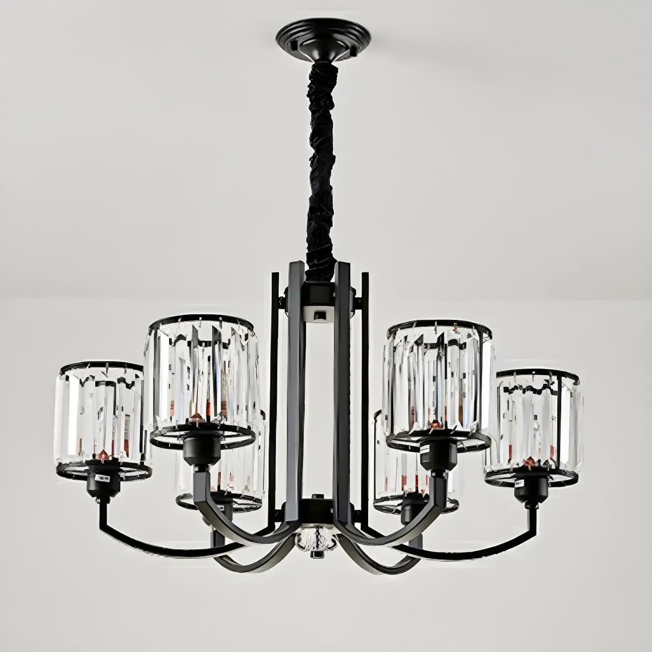 Lustre moderne en forme de cylindre de roue en métal noir et cristal pour salon ou hall d'entrée