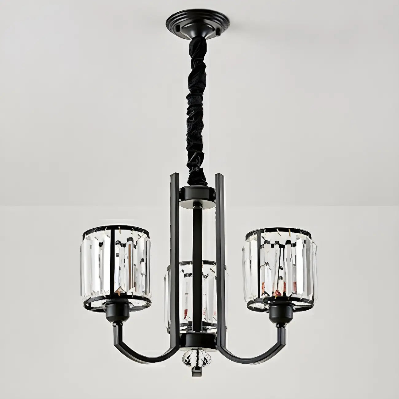 Lustre moderne en forme de cylindre de roue en métal noir et cristal pour salon ou hall d'entrée