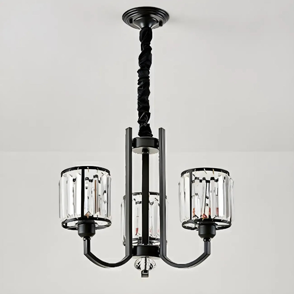 Lustre moderne en forme de cylindre de roue en métal noir et cristal pour salon ou hall d'entrée