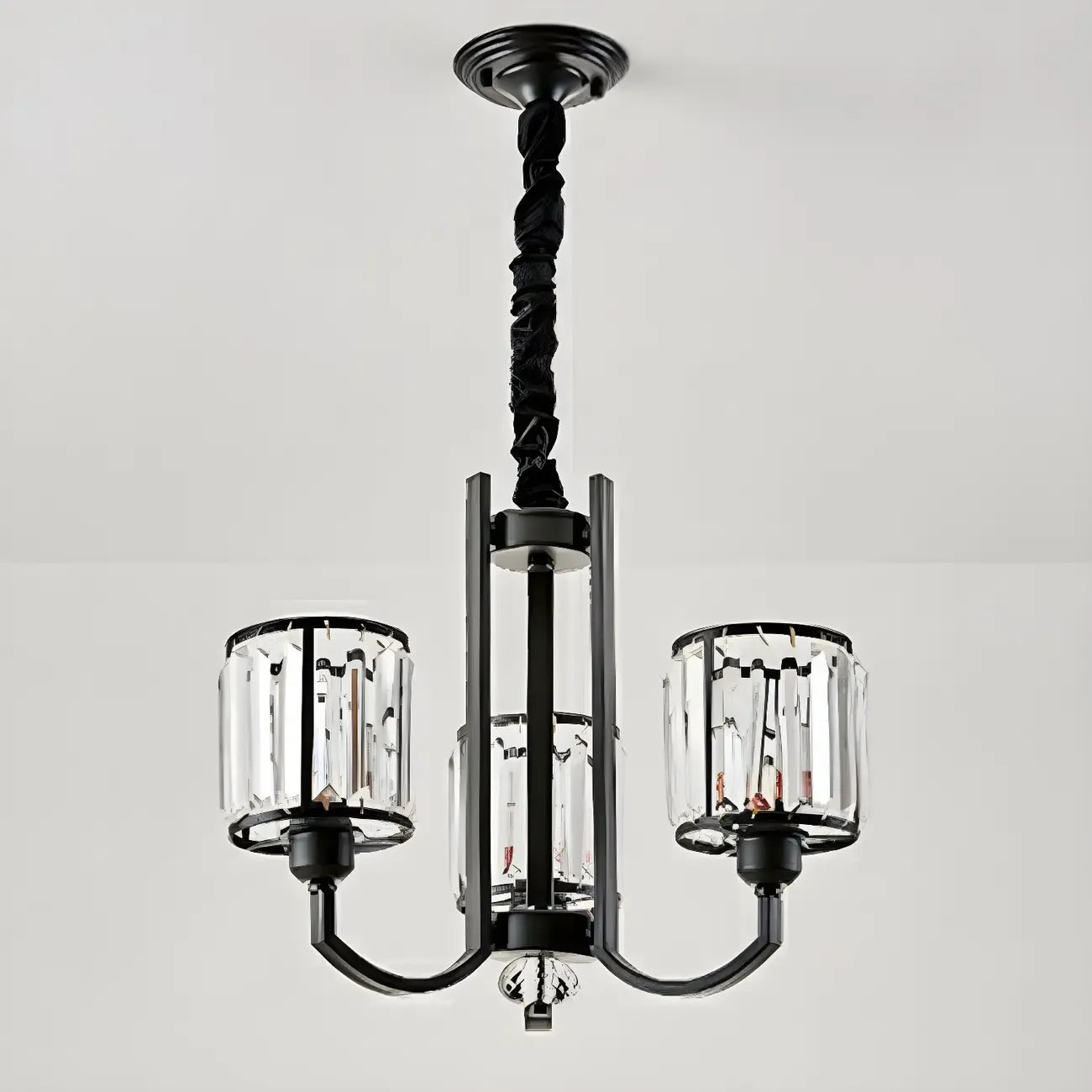 Lustre moderne en forme de cylindre de roue en métal noir et cristal pour salon ou hall d'entrée