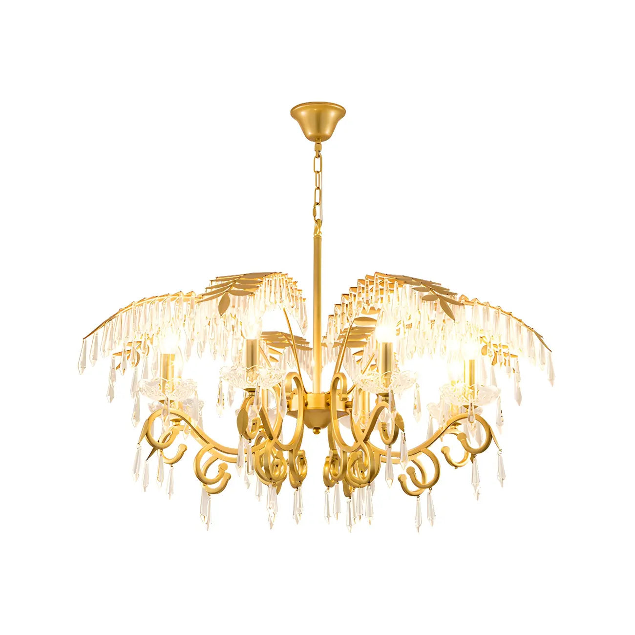 Luxueux lustre incurvé à feuilles dorées et cristaux