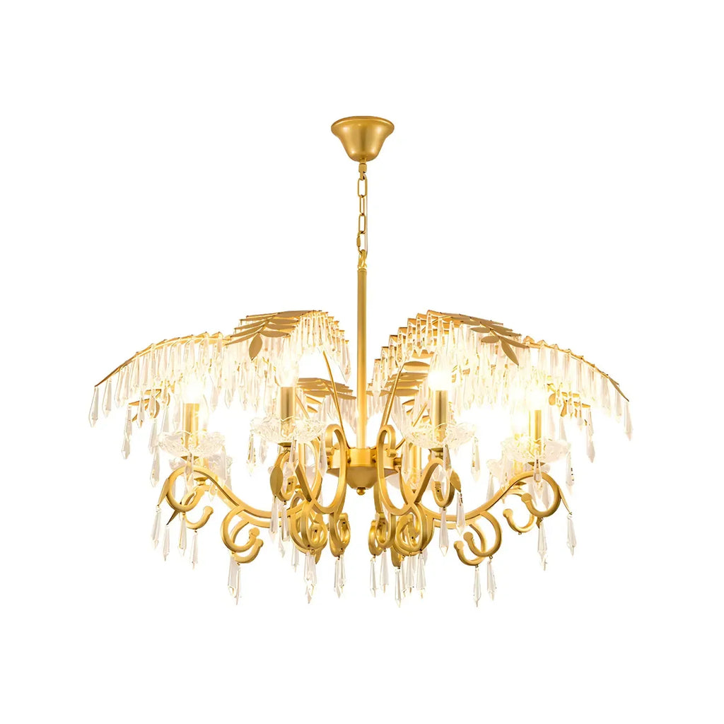 Luxueux lustre incurvé à feuilles dorées et cristaux