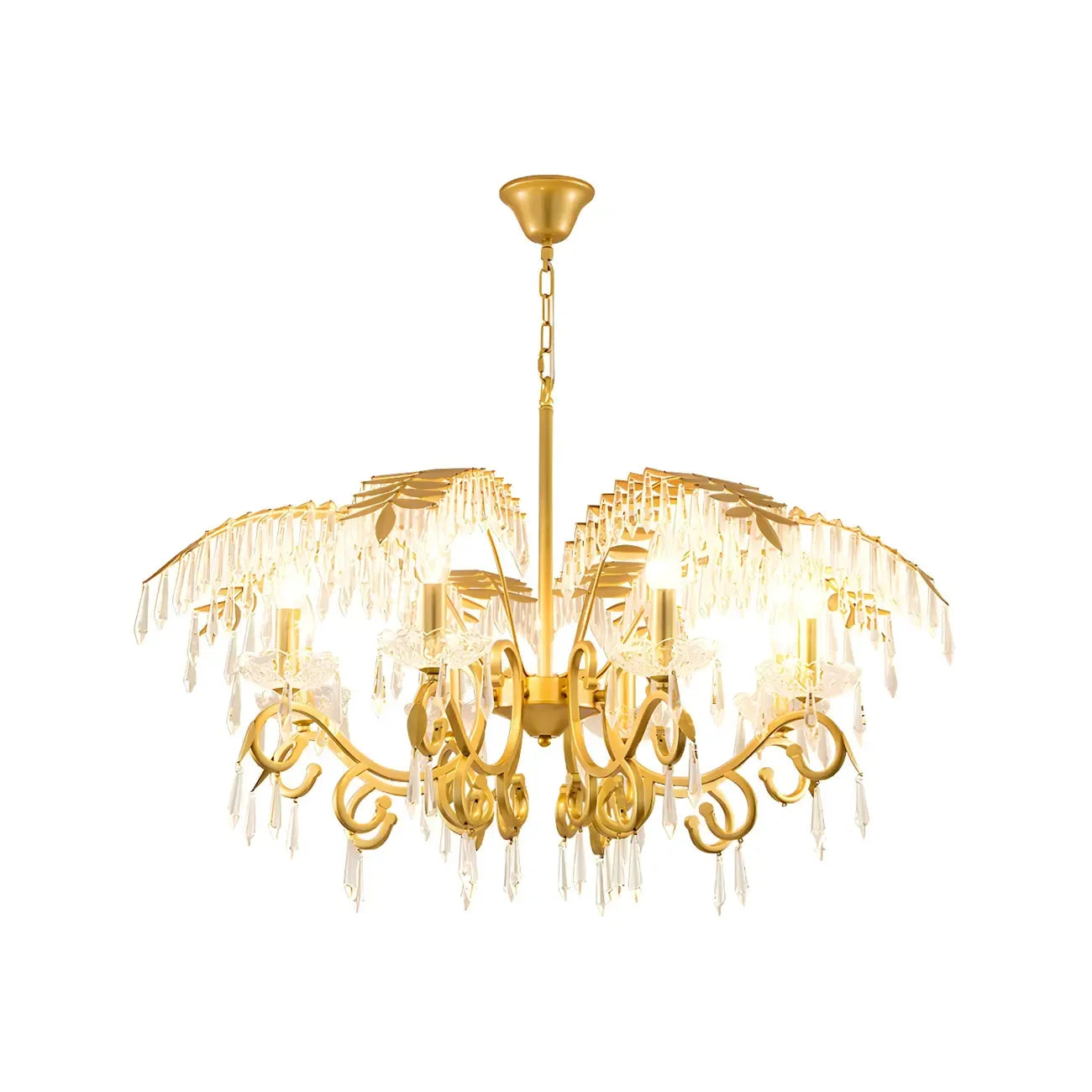 Luxueux lustre incurvé à feuilles dorées et cristaux