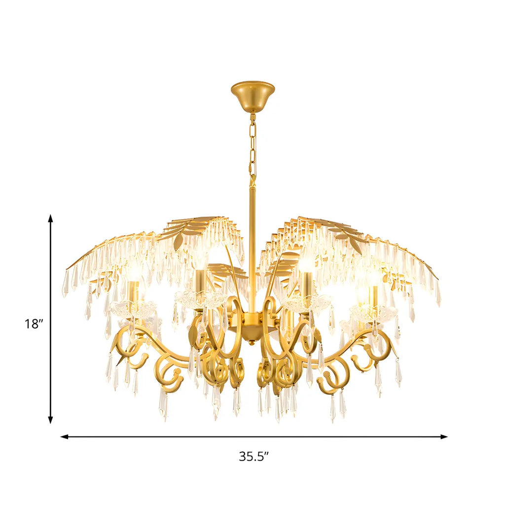 Luxueux lustre incurvé à feuilles dorées et cristaux