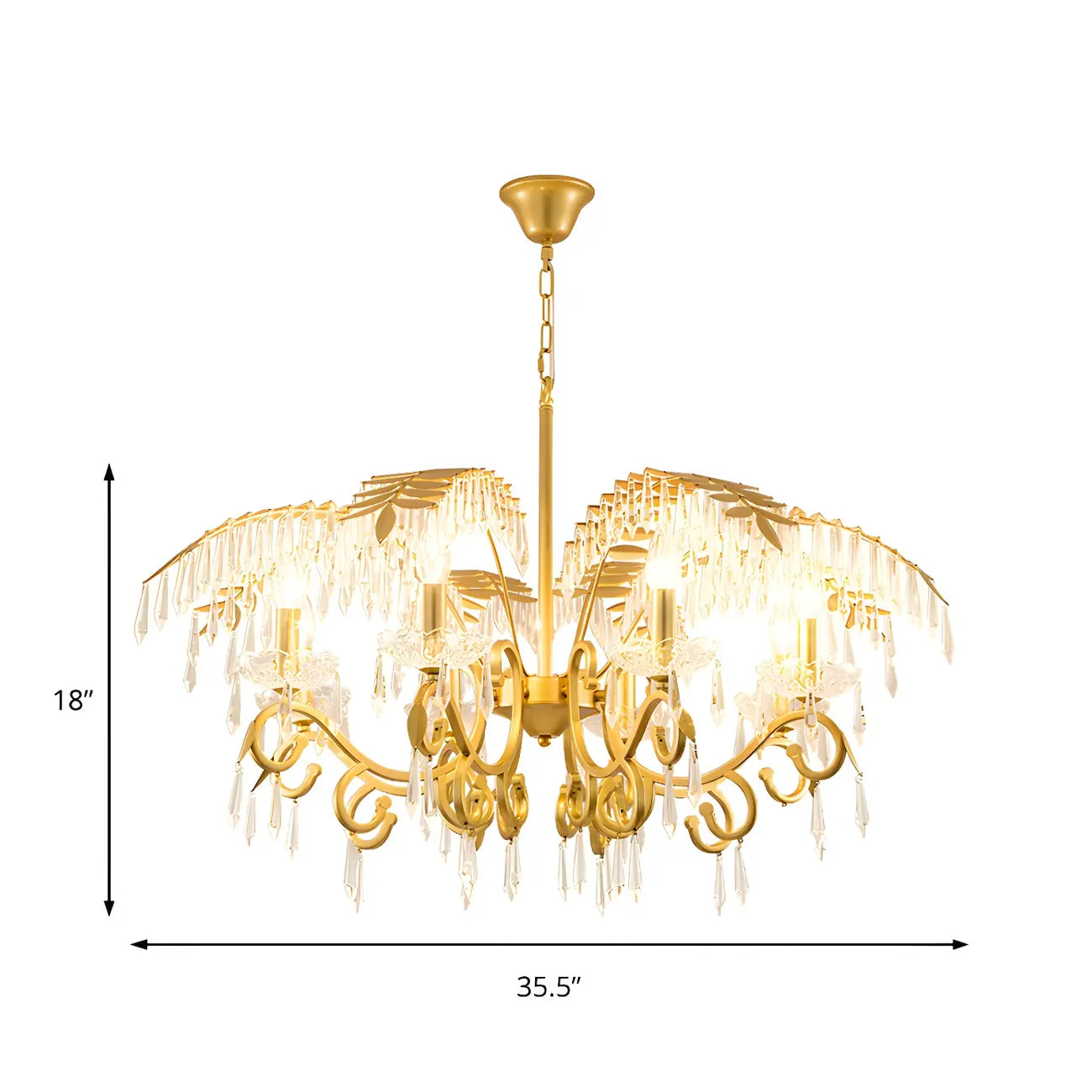 Luxueux lustre incurvé à feuilles dorées et cristaux