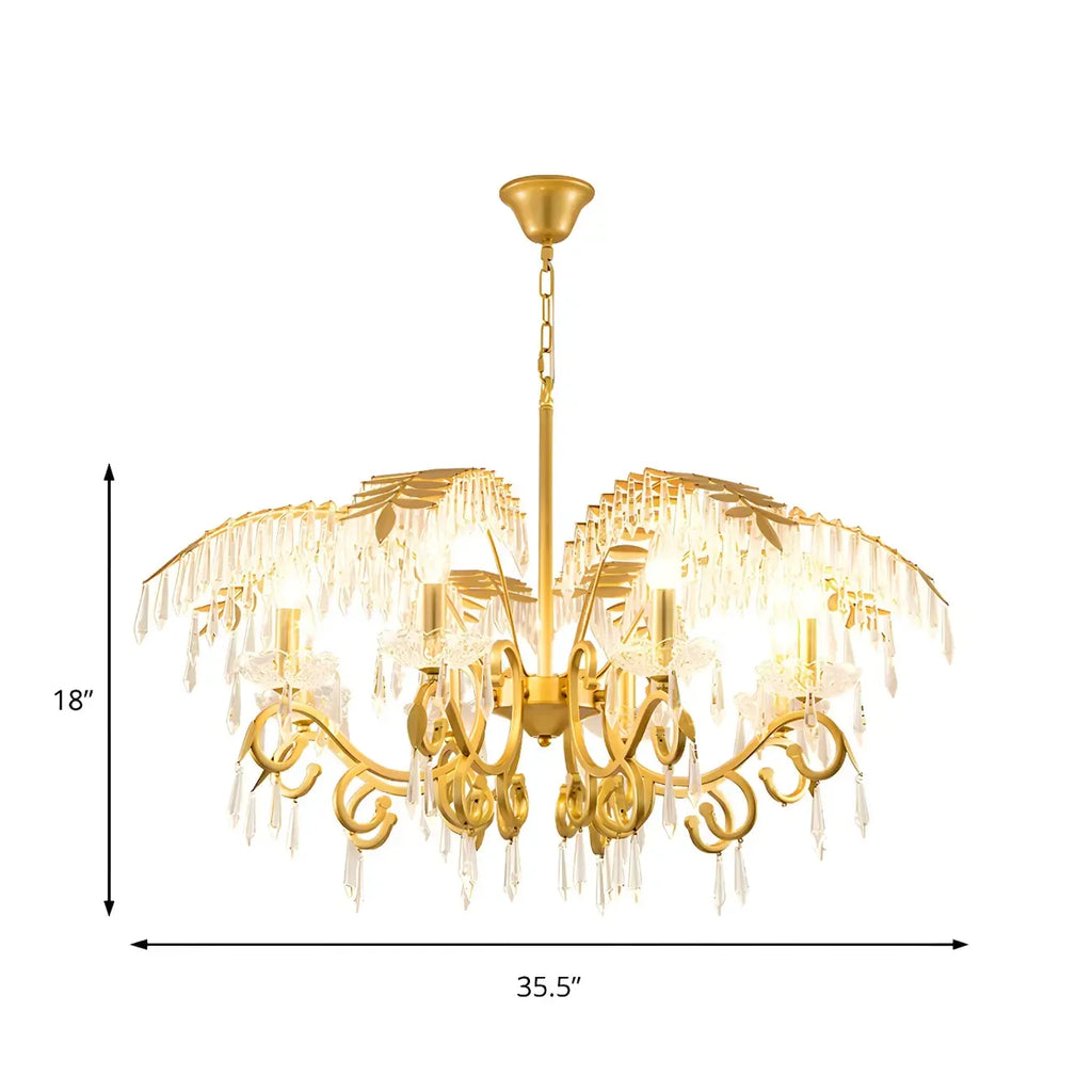 Luxueux lustre incurvé à feuilles dorées et cristaux
