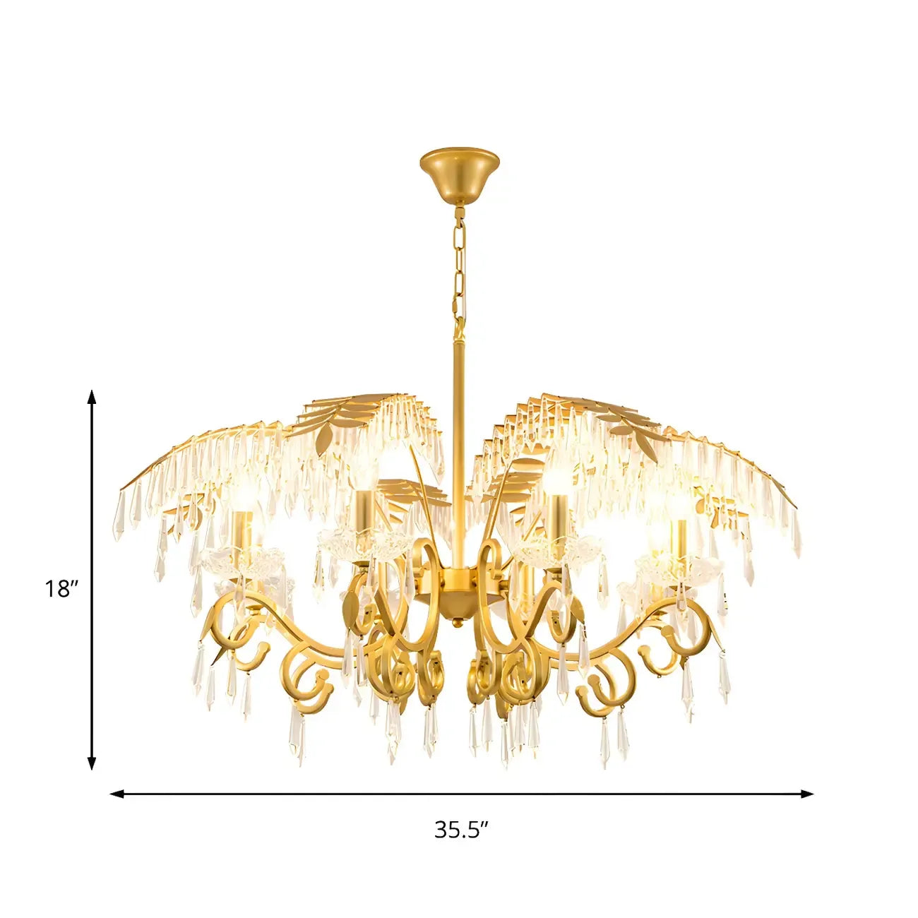 Luxueux lustre incurvé à feuilles dorées et cristaux