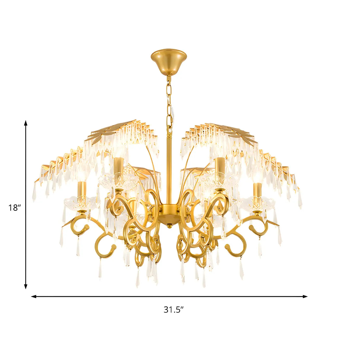 Luxueux lustre incurvé à feuilles dorées et cristaux