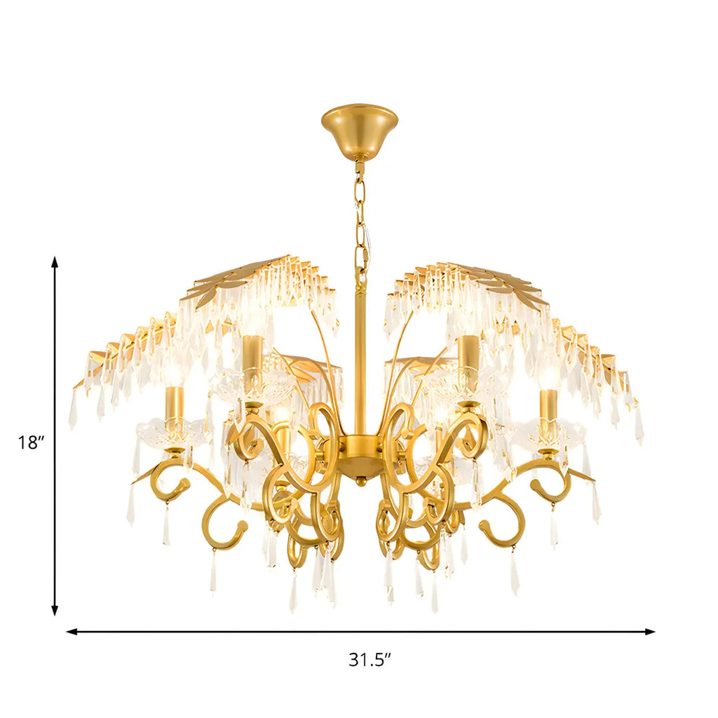 Luxueux lustre incurvé à feuilles dorées et cristaux