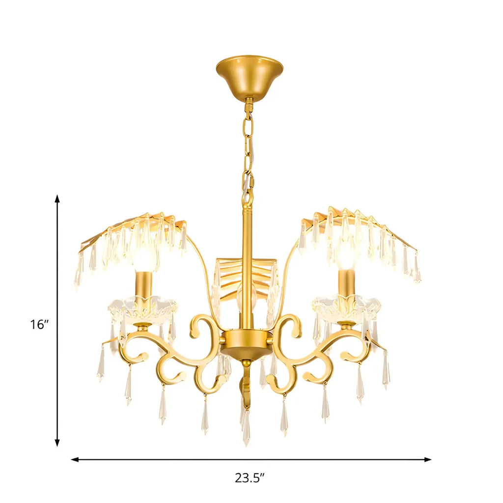 Luxueux lustre incurvé à feuilles dorées et cristaux