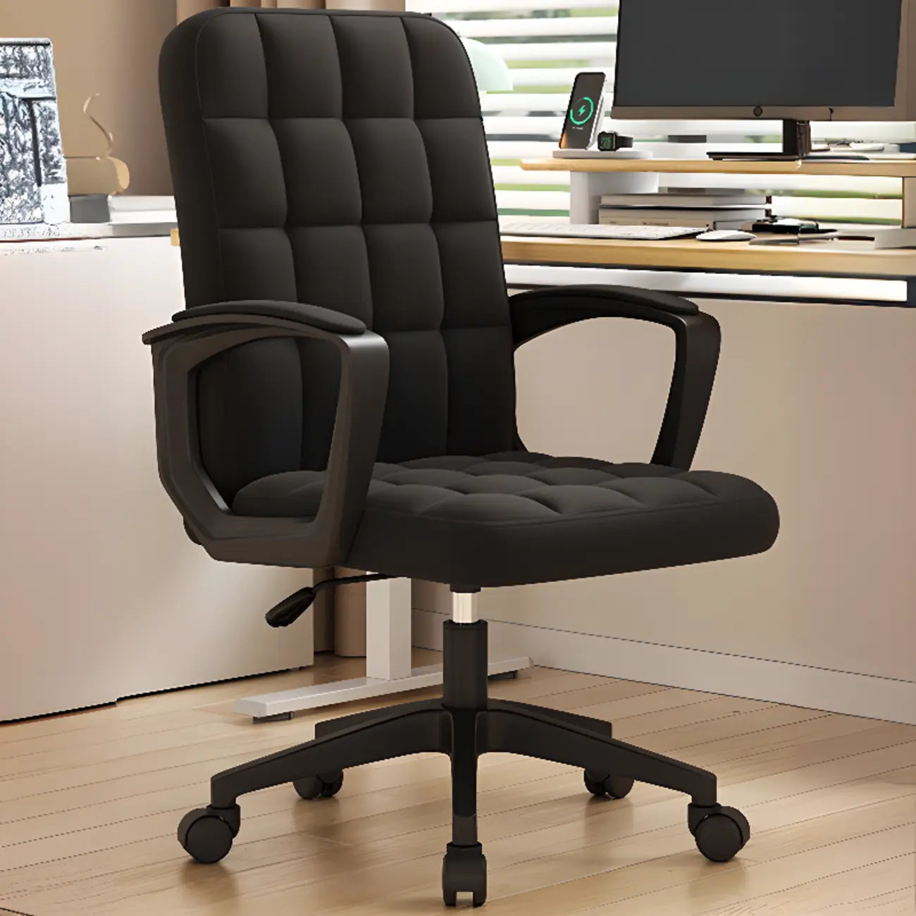 Chaise de bureau pivotante réglable moderne en similicuir noir
