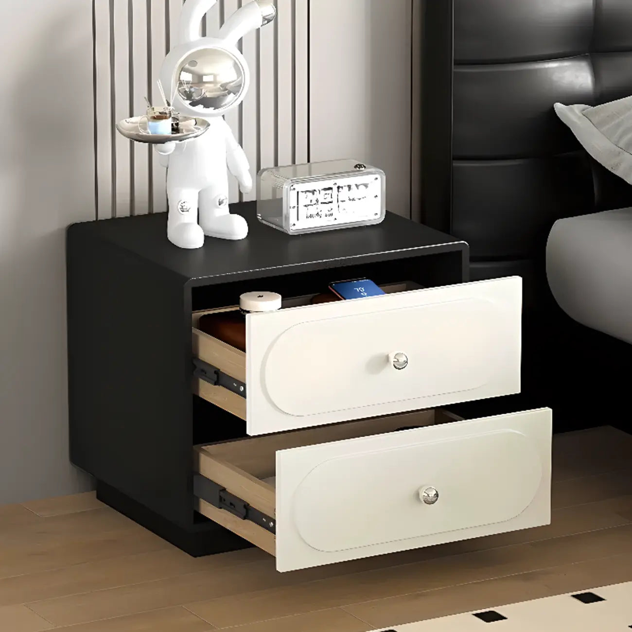 Table de chevet moderne en bois et cuir noir et blanc à 2 tiroirs