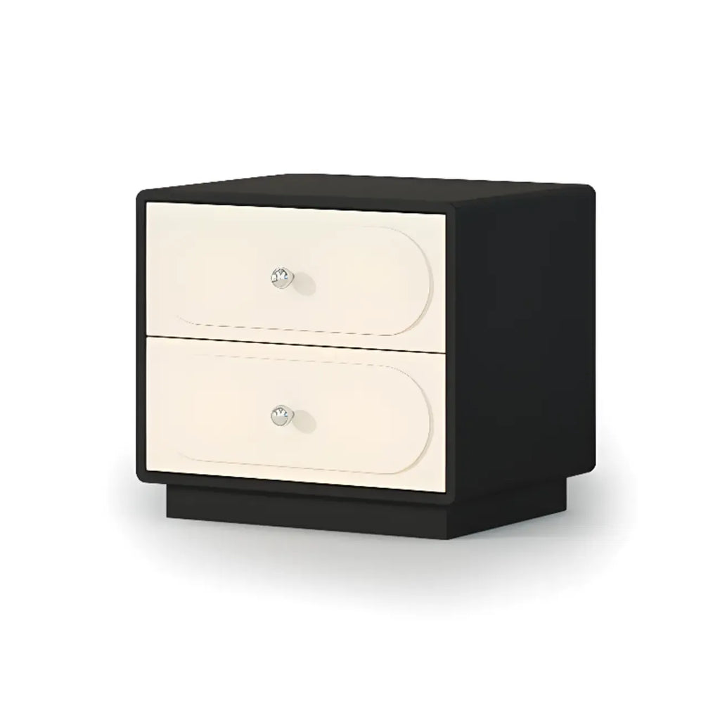 Table de chevet moderne en bois et cuir noir et blanc à 2 tiroirs