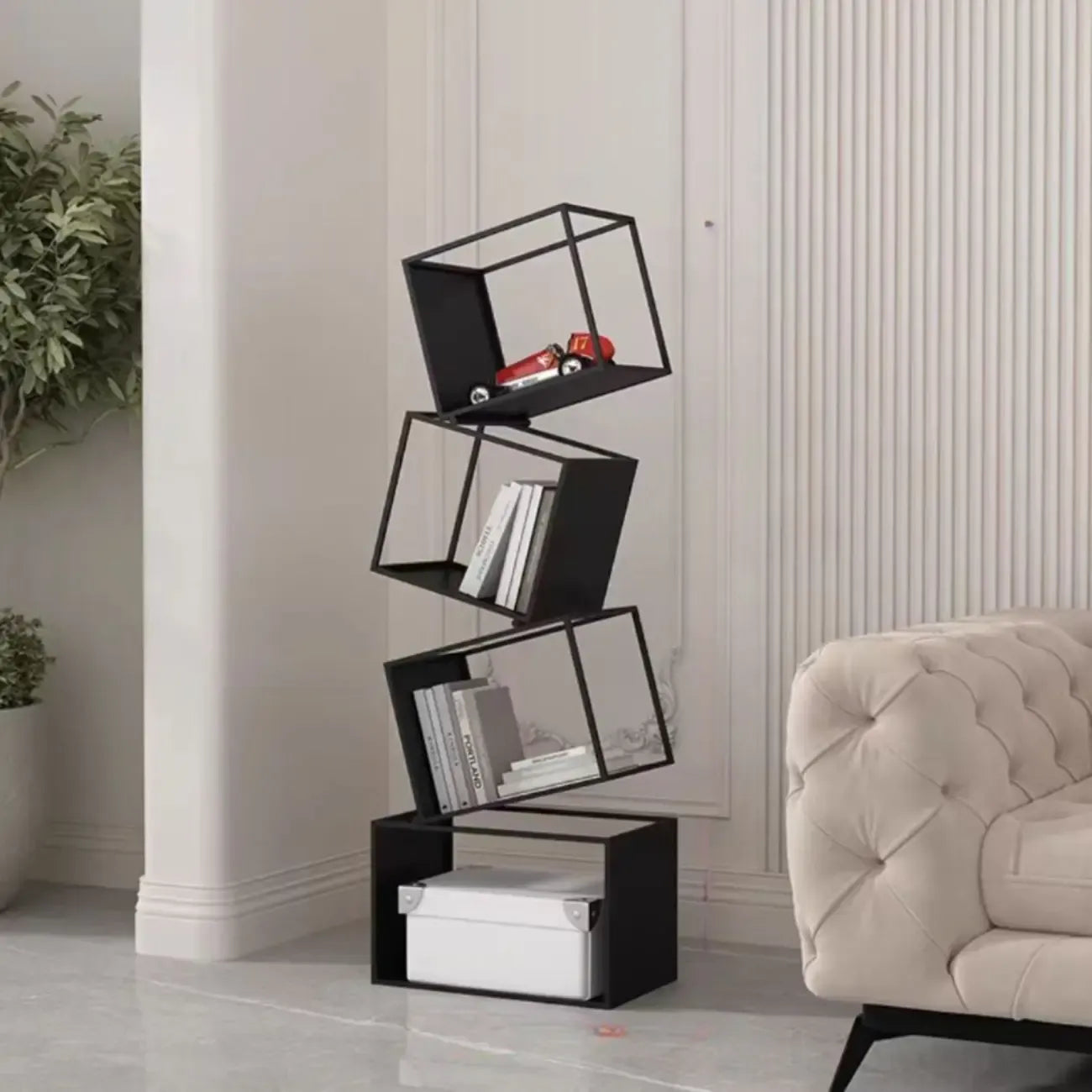 Étagère bibliothèque ouverte Art Déco géométrique haute en métal noir