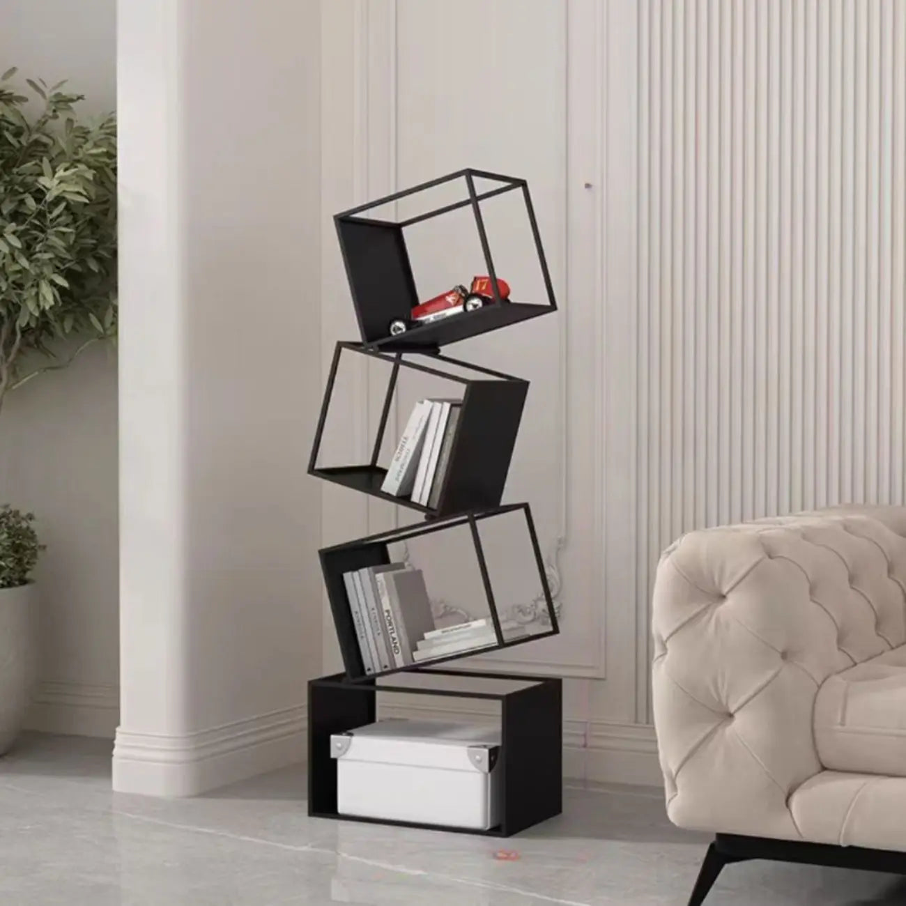 Étagère bibliothèque ouverte Art Déco géométrique haute en métal noir
